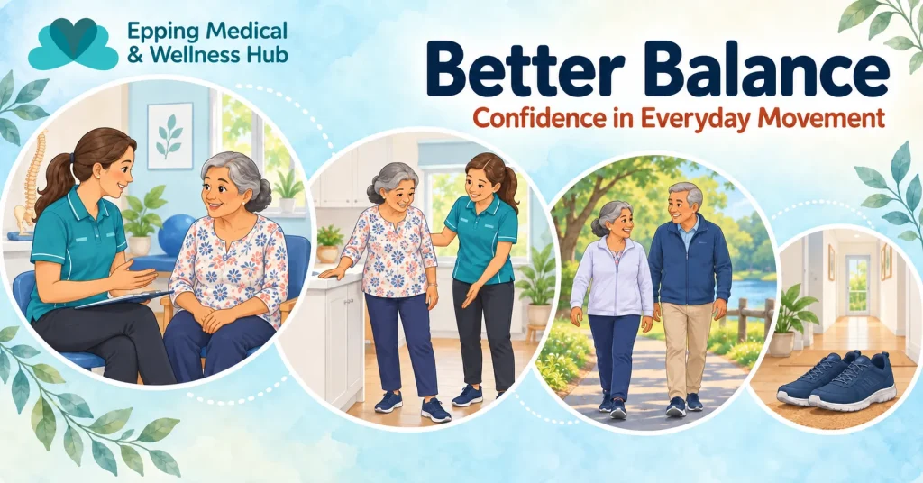 Illustrated scenes of a physiotherapist supporting an older adult, walking outdoors and a clear hallway with comfortable shoes.