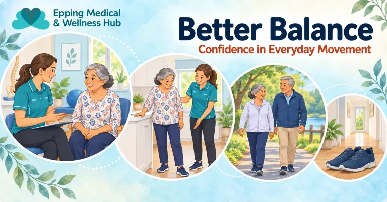 Illustrated scenes of a physiotherapist supporting an older adult, walking outdoors and a clear hallway with comfortable shoes.