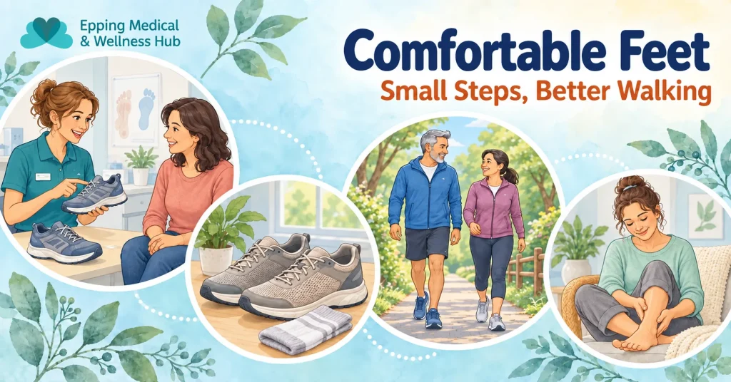 Illustration of a podiatrist discussing walking shoes, supportive trainers, a couple walking and a woman checking her foot.