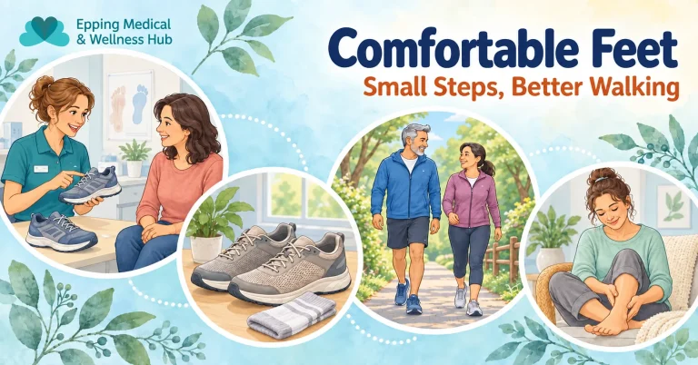 Illustration of a podiatrist discussing walking shoes, supportive trainers, a couple walking and a woman checking her foot.