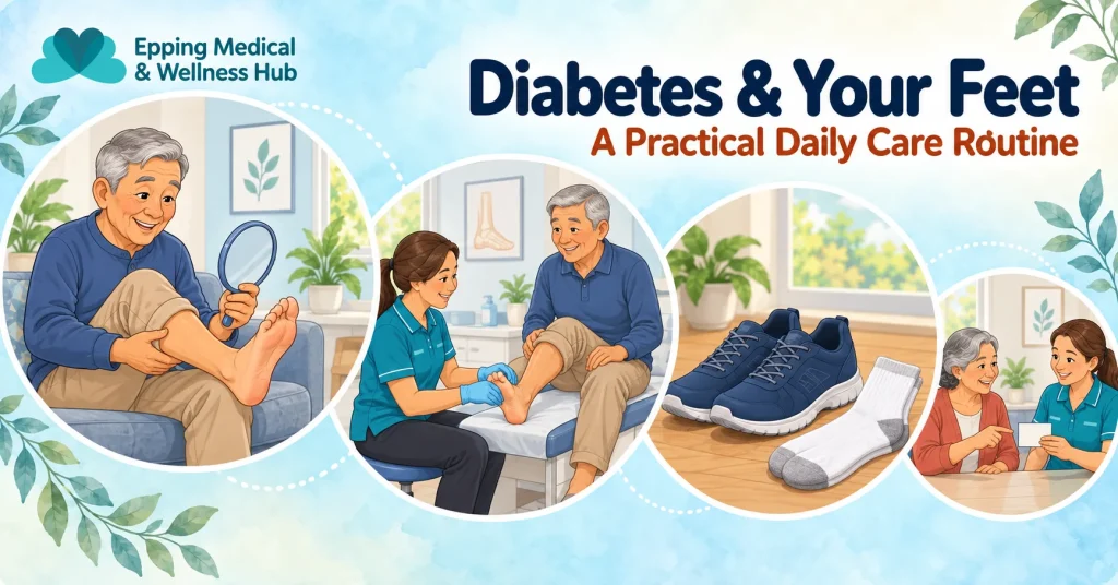 Clinic-branded illustration of a daily foot check with a mirror, a podiatry consultation, comfortable shoes and follow-up planning.