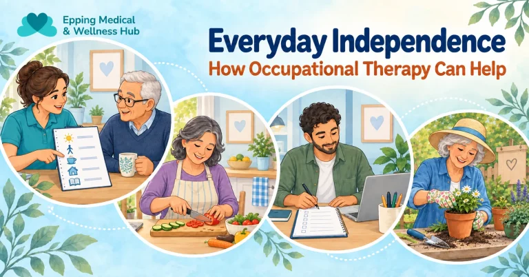 Illustrated occupational therapist planning daily routines with an older adult, with scenes of food preparation, desk work and gardening.