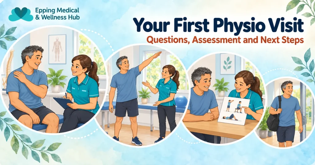 Clinic-branded cartoon showing a physiotherapy conversation, gentle movement assessment and discussion of a home plan.