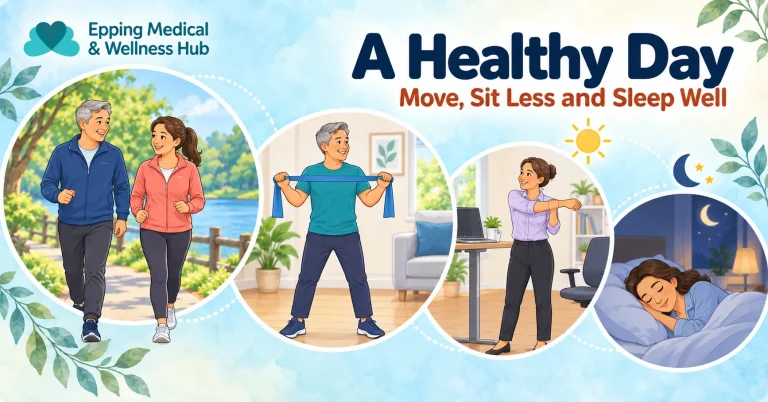 Clinic-branded cartoon scenes of walking, gentle strength activity, a desk break and restful sleep.