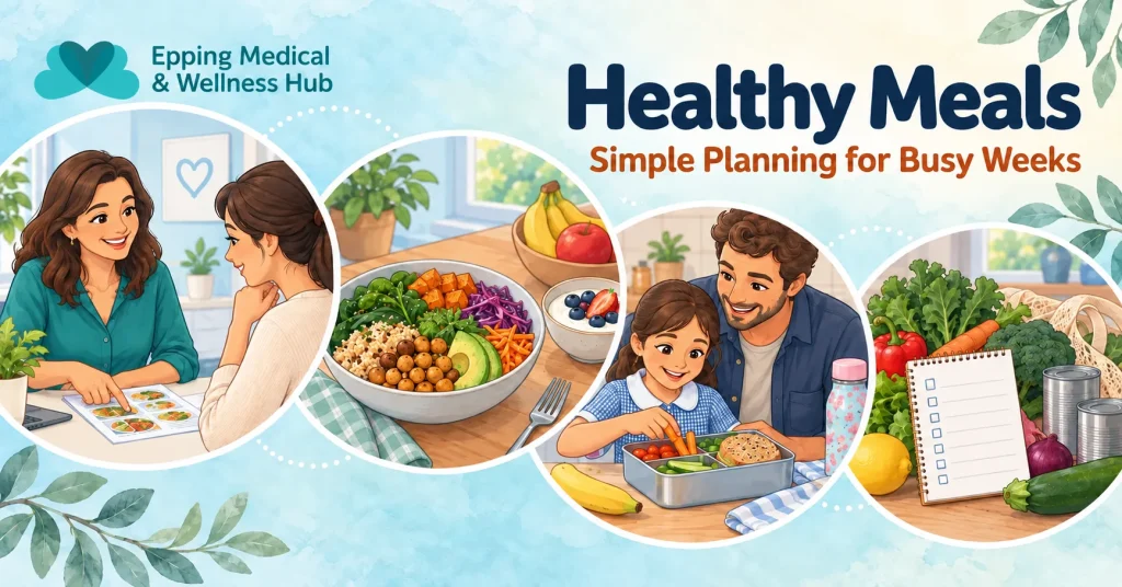 Illustrated dietitian consultation, colourful grain and vegetable bowl, family preparing a lunchbox and groceries beside a shopping list.