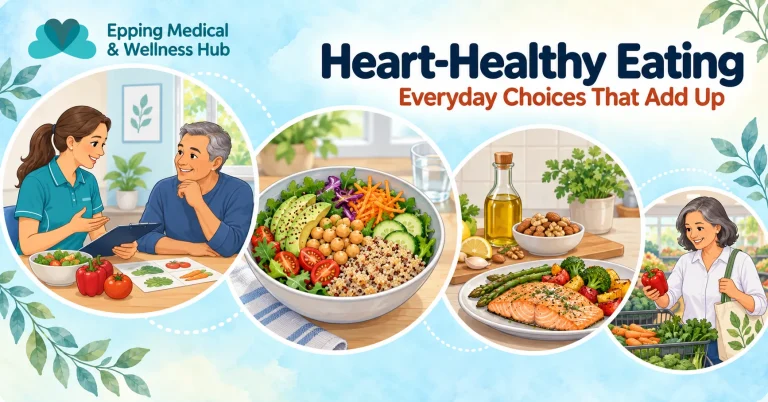 Clinic-branded illustration of dietitian advice, vegetables and wholegrains, healthy fat choices and grocery shopping.