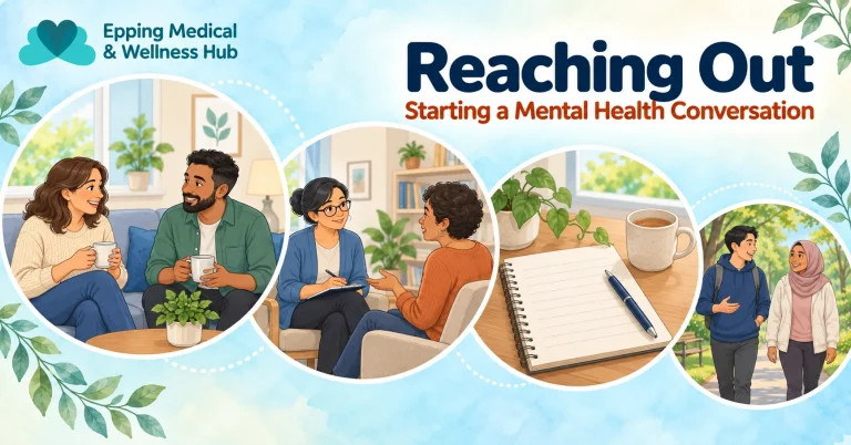 Clinic-branded cartoon showing supportive conversations, a notebook and friends walking together.