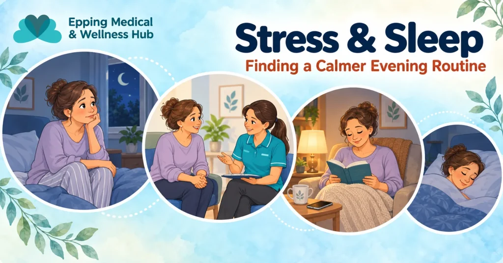 Clinic-branded cartoon banner showing a woman discussing sleep concerns, reading quietly and resting at night.