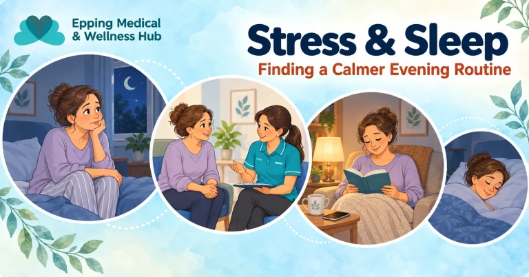 Clinic-branded cartoon banner showing a woman discussing sleep concerns, reading quietly and resting at night.