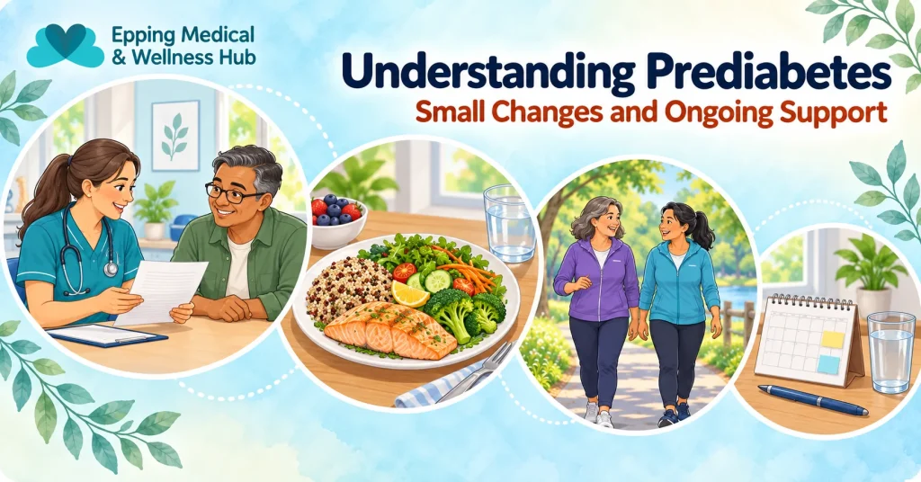 Clinic-branded illustration of a health consultation, balanced meal, walking companions and a follow-up calendar.