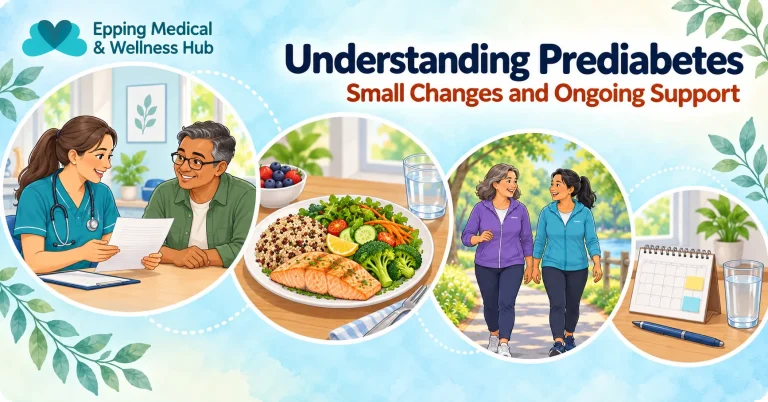 Clinic-branded illustration of a health consultation, balanced meal, walking companions and a follow-up calendar.