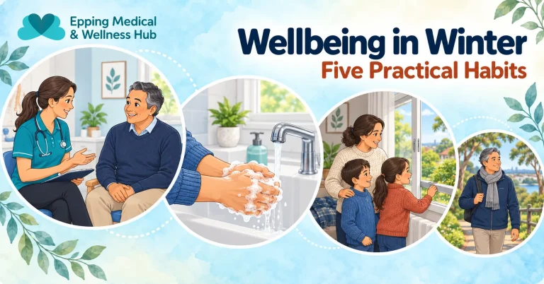 Clinic-branded cartoon scenes of vaccination advice, handwashing, fresh indoor air and a gentle winter walk.